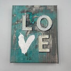LOVE Canvas Print Wall Hanging Turquoise White Silver Teal Heart Small